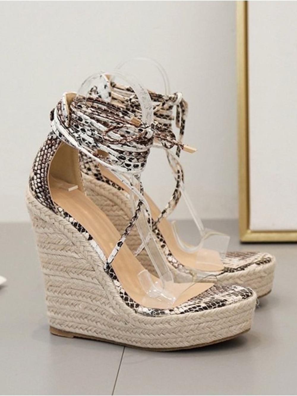 SHEIN Snake Print Espadrille Wrap Sandals Platform Wedges heels in Black & White